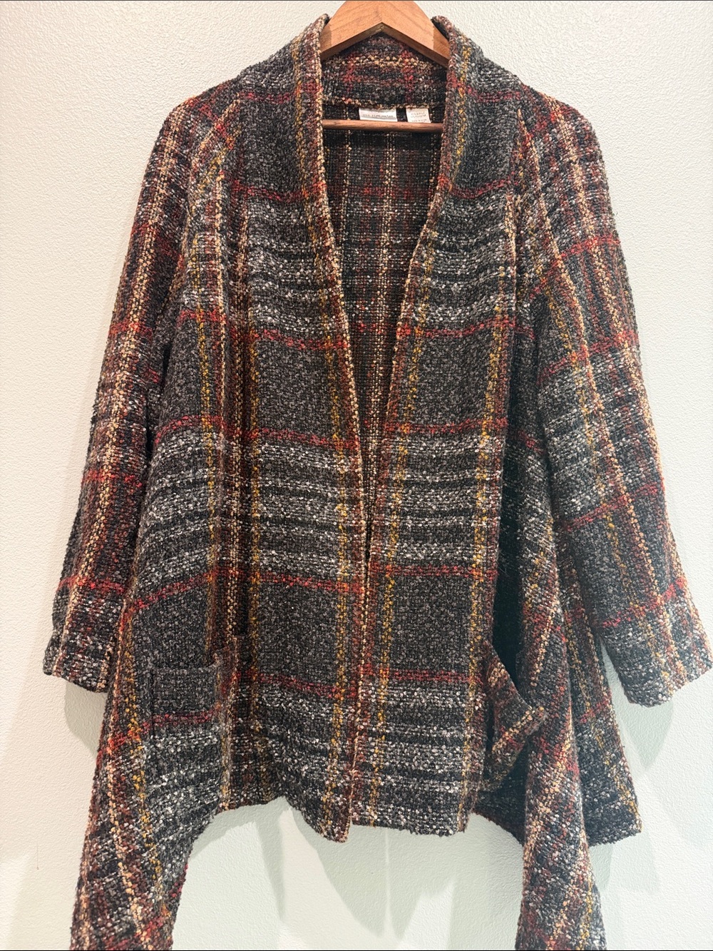 Chico's Gray Open-Front Cardigan Shark Bite Pockets Fall Knit Plaid Teacher Sz 1